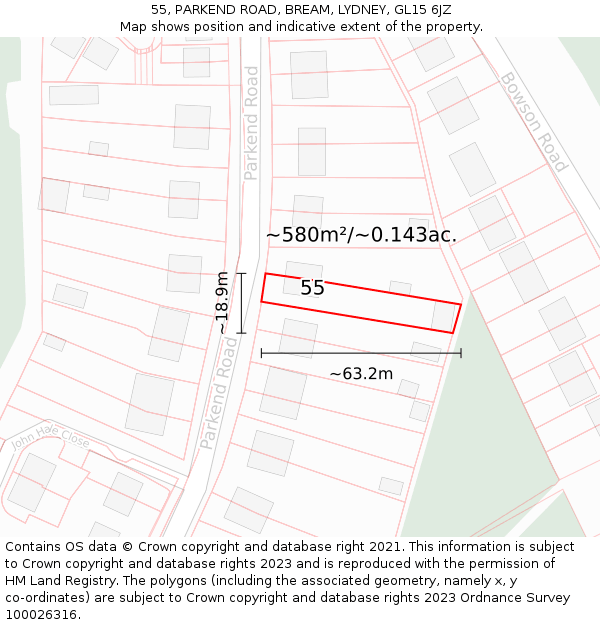 55, PARKEND ROAD, BREAM, LYDNEY, GL15 6JZ: Plot and title map