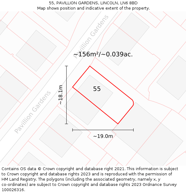 55, PAVILLION GARDENS, LINCOLN, LN6 8BD: Plot and title map