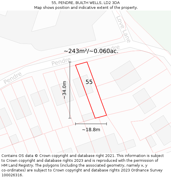 55, PENDRE, BUILTH WELLS, LD2 3DA: Plot and title map