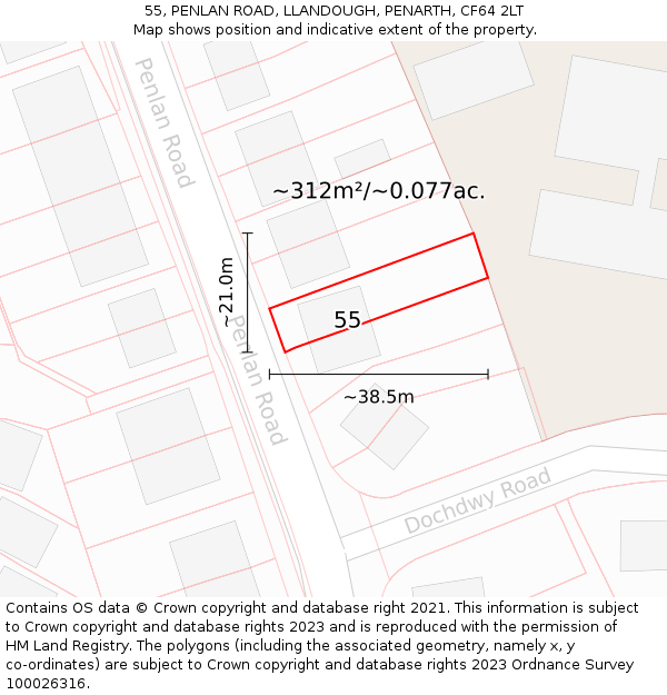 55, PENLAN ROAD, LLANDOUGH, PENARTH, CF64 2LT: Plot and title map