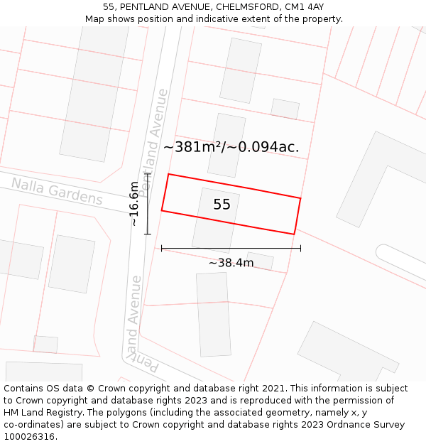 55, PENTLAND AVENUE, CHELMSFORD, CM1 4AY: Plot and title map