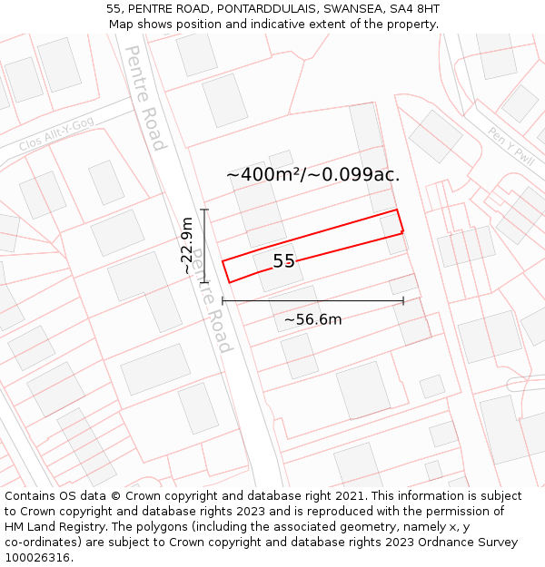 55, PENTRE ROAD, PONTARDDULAIS, SWANSEA, SA4 8HT: Plot and title map