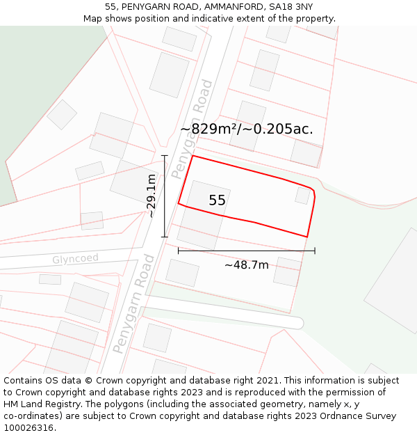 55, PENYGARN ROAD, AMMANFORD, SA18 3NY: Plot and title map