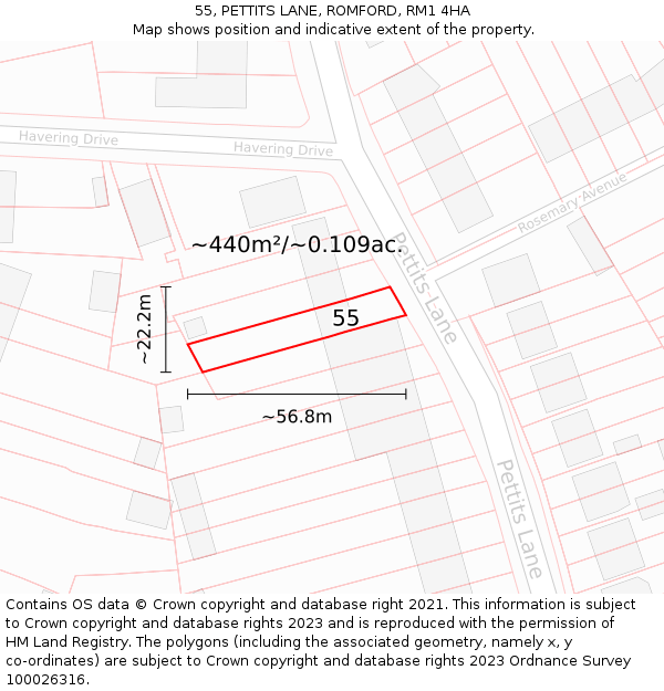 55, PETTITS LANE, ROMFORD, RM1 4HA: Plot and title map