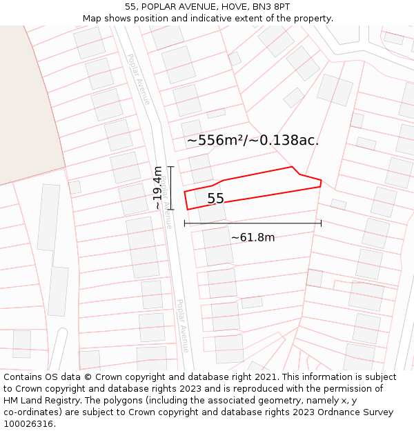 55, POPLAR AVENUE, HOVE, BN3 8PT: Plot and title map