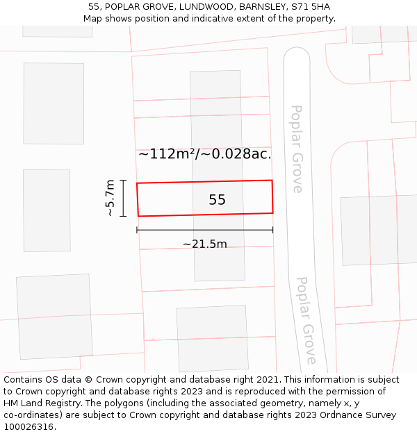 55, POPLAR GROVE, LUNDWOOD, BARNSLEY, S71 5HA: Plot and title map
