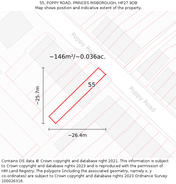 55, POPPY ROAD, PRINCES RISBOROUGH, HP27 9DB: Plot and title map