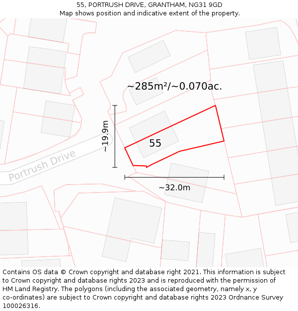 55, PORTRUSH DRIVE, GRANTHAM, NG31 9GD: Plot and title map