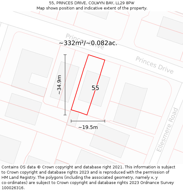 55, PRINCES DRIVE, COLWYN BAY, LL29 8PW: Plot and title map