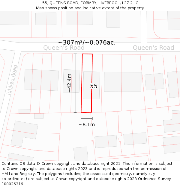 55, QUEENS ROAD, FORMBY, LIVERPOOL, L37 2HG: Plot and title map