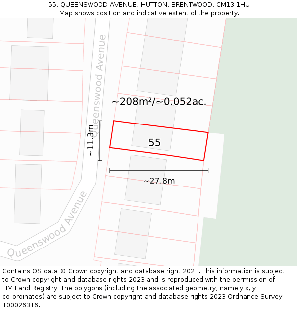 55, QUEENSWOOD AVENUE, HUTTON, BRENTWOOD, CM13 1HU: Plot and title map