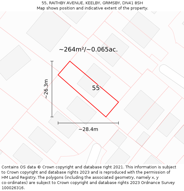 55, RAITHBY AVENUE, KEELBY, GRIMSBY, DN41 8SH: Plot and title map