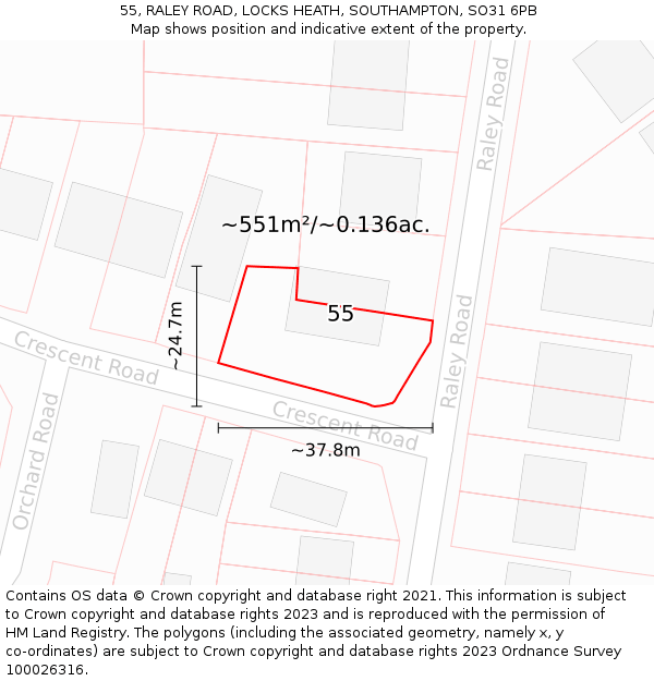 55, RALEY ROAD, LOCKS HEATH, SOUTHAMPTON, SO31 6PB: Plot and title map