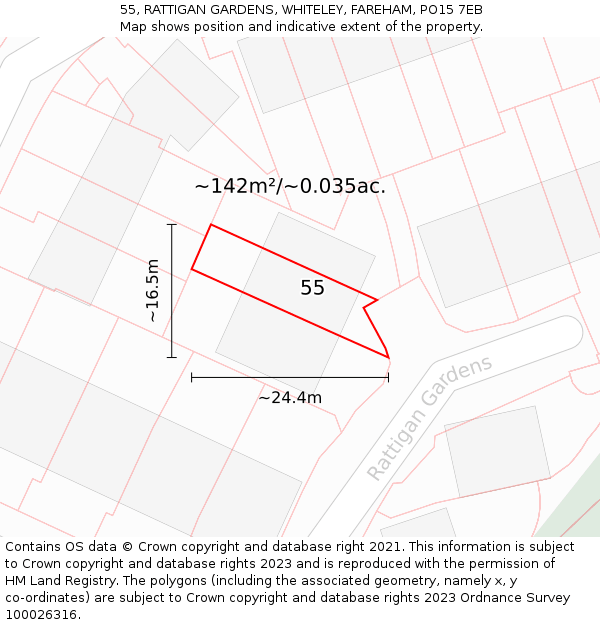 55, RATTIGAN GARDENS, WHITELEY, FAREHAM, PO15 7EB: Plot and title map