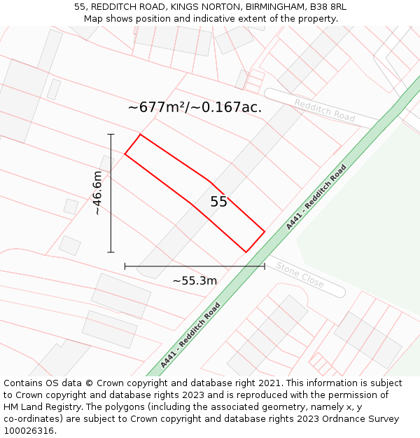 55, REDDITCH ROAD, KINGS NORTON, BIRMINGHAM, B38 8RL: Plot and title map