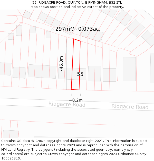 55, RIDGACRE ROAD, QUINTON, BIRMINGHAM, B32 2TL: Plot and title map