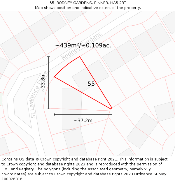 55, RODNEY GARDENS, PINNER, HA5 2RT: Plot and title map