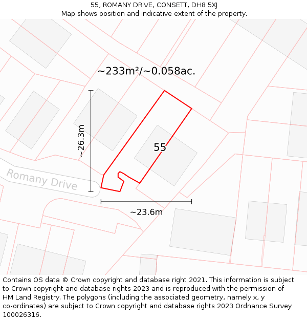 55, ROMANY DRIVE, CONSETT, DH8 5XJ: Plot and title map