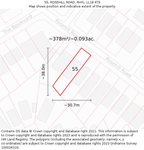 55, ROSEHILL ROAD, RHYL, LL18 4TS: Plot and title map