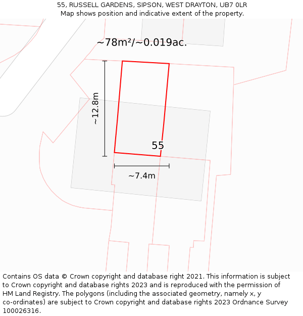 55, RUSSELL GARDENS, SIPSON, WEST DRAYTON, UB7 0LR: Plot and title map