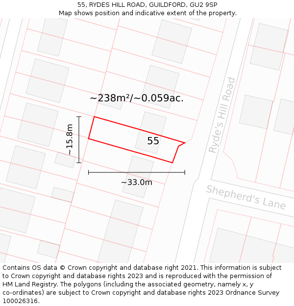 55, RYDES HILL ROAD, GUILDFORD, GU2 9SP: Plot and title map