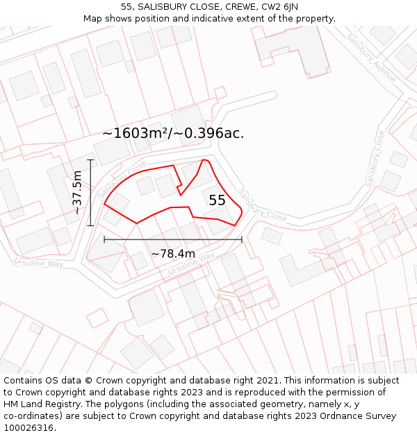 55, SALISBURY CLOSE, CREWE, CW2 6JN: Plot and title map