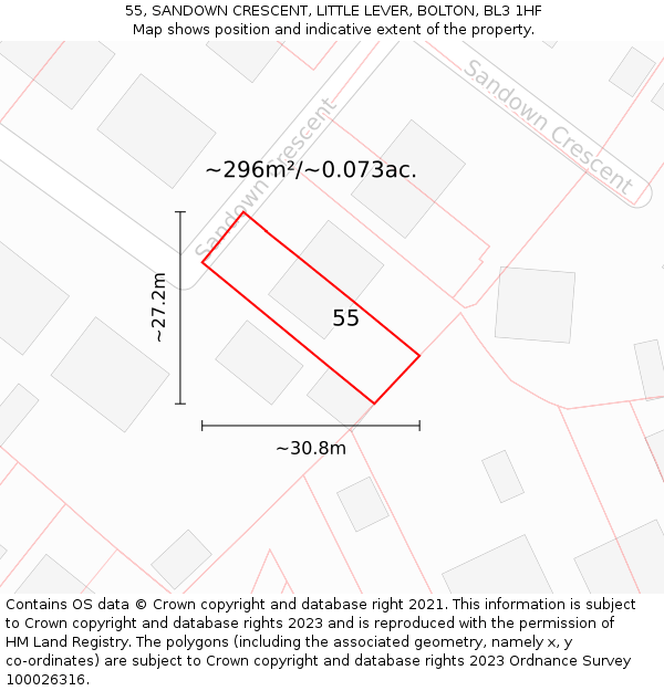 55, SANDOWN CRESCENT, LITTLE LEVER, BOLTON, BL3 1HF: Plot and title map