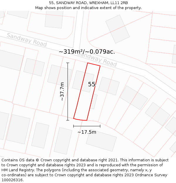 55, SANDWAY ROAD, WREXHAM, LL11 2RB: Plot and title map