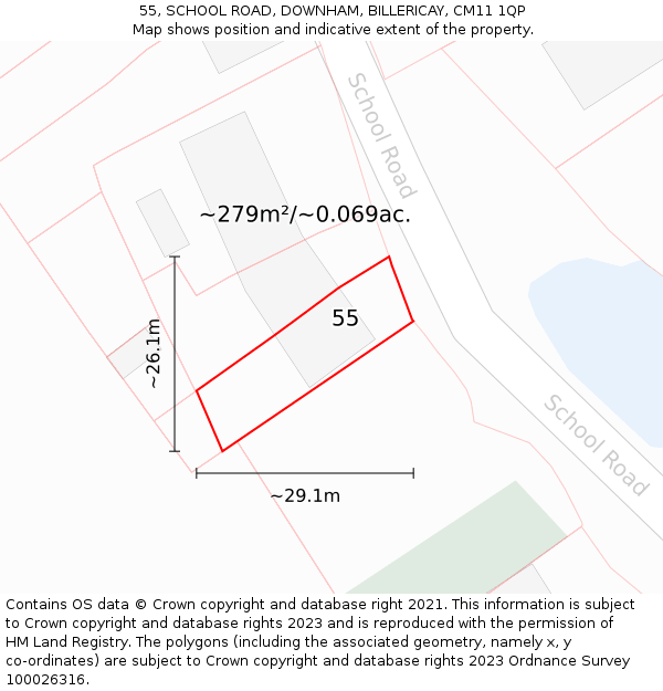 55, SCHOOL ROAD, DOWNHAM, BILLERICAY, CM11 1QP: Plot and title map