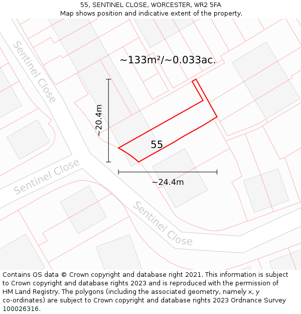 55, SENTINEL CLOSE, WORCESTER, WR2 5FA: Plot and title map