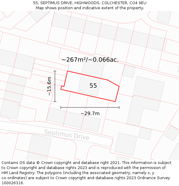 55, SEPTIMUS DRIVE, HIGHWOODS, COLCHESTER, CO4 9EU: Plot and title map