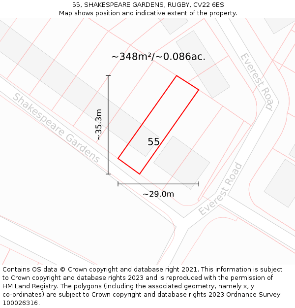 55, SHAKESPEARE GARDENS, RUGBY, CV22 6ES: Plot and title map