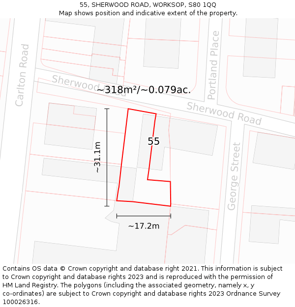 55, SHERWOOD ROAD, WORKSOP, S80 1QQ: Plot and title map