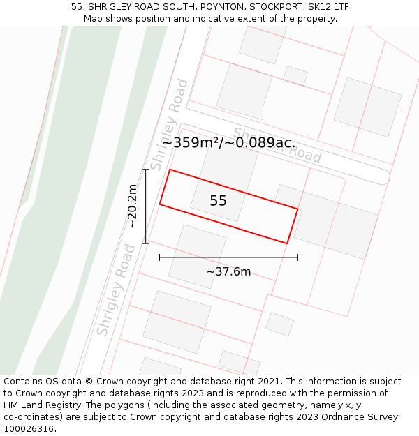 55, SHRIGLEY ROAD SOUTH, POYNTON, STOCKPORT, SK12 1TF: Plot and title map