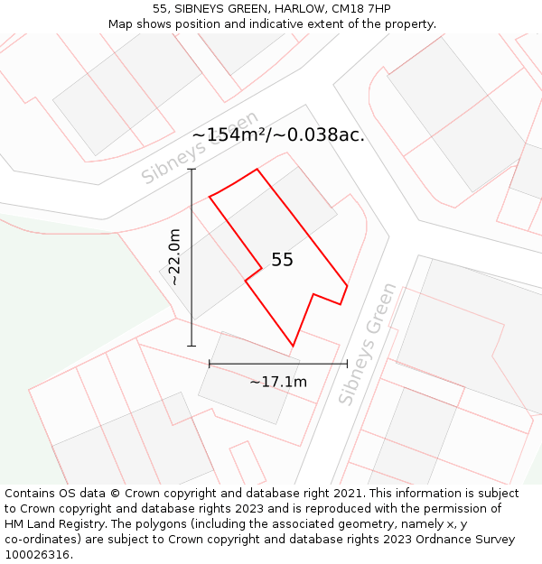 55, SIBNEYS GREEN, HARLOW, CM18 7HP: Plot and title map