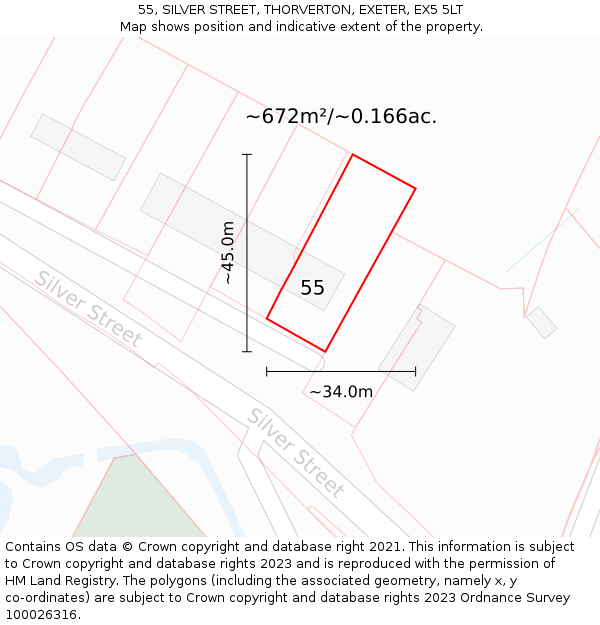 55, SILVER STREET, THORVERTON, EXETER, EX5 5LT: Plot and title map