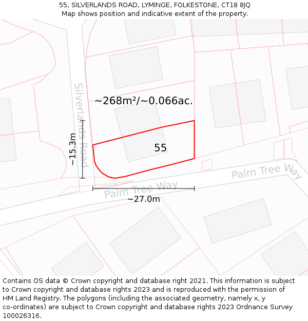 55, SILVERLANDS ROAD, LYMINGE, FOLKESTONE, CT18 8JQ: Plot and title map