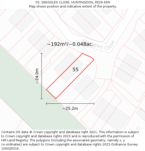 55, SKEGGLES CLOSE, HUNTINGDON, PE29 6SN: Plot and title map