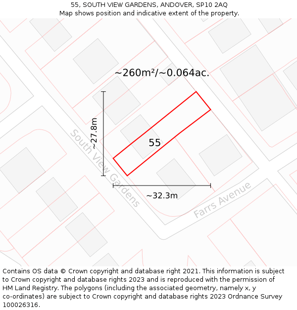 55, SOUTH VIEW GARDENS, ANDOVER, SP10 2AQ: Plot and title map