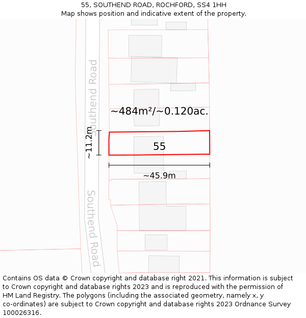 55, SOUTHEND ROAD, ROCHFORD, SS4 1HH: Plot and title map