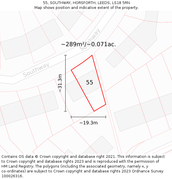 55, SOUTHWAY, HORSFORTH, LEEDS, LS18 5RN: Plot and title map