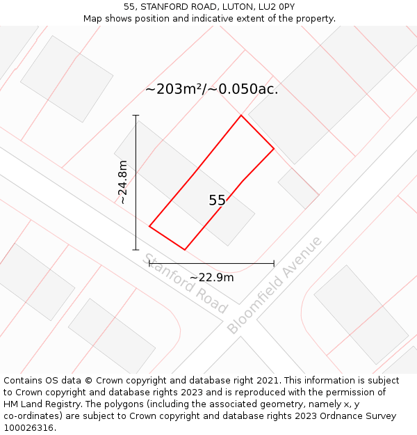 55, STANFORD ROAD, LUTON, LU2 0PY: Plot and title map