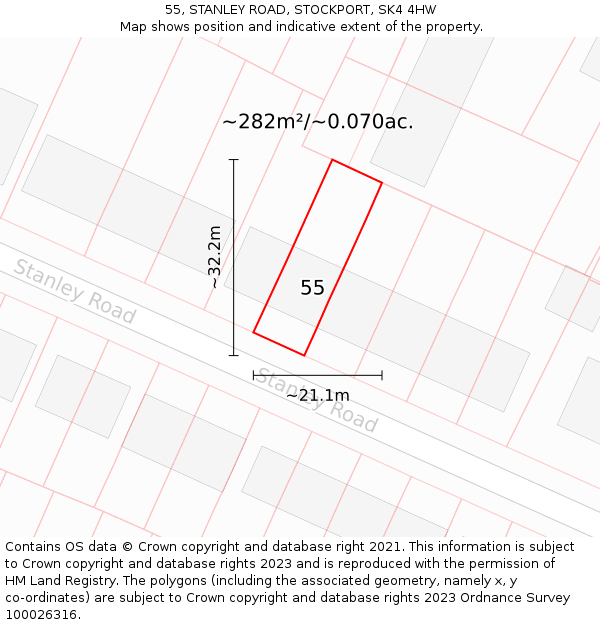 55, STANLEY ROAD, STOCKPORT, SK4 4HW: Plot and title map