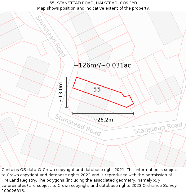 55, STANSTEAD ROAD, HALSTEAD, CO9 1YB: Plot and title map