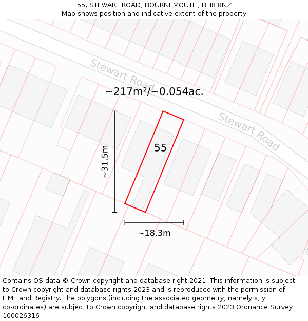 55, STEWART ROAD, BOURNEMOUTH, BH8 8NZ: Plot and title map