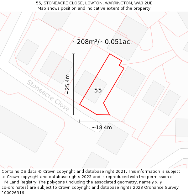 55, STONEACRE CLOSE, LOWTON, WARRINGTON, WA3 2UE: Plot and title map