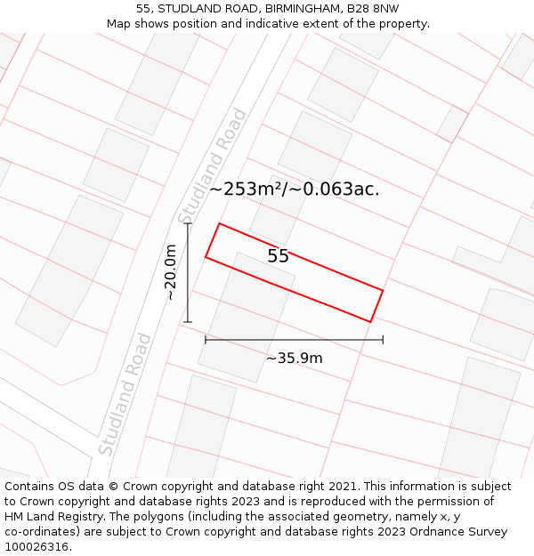 55, STUDLAND ROAD, BIRMINGHAM, B28 8NW: Plot and title map