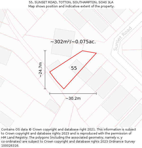 55, SUNSET ROAD, TOTTON, SOUTHAMPTON, SO40 3LA: Plot and title map