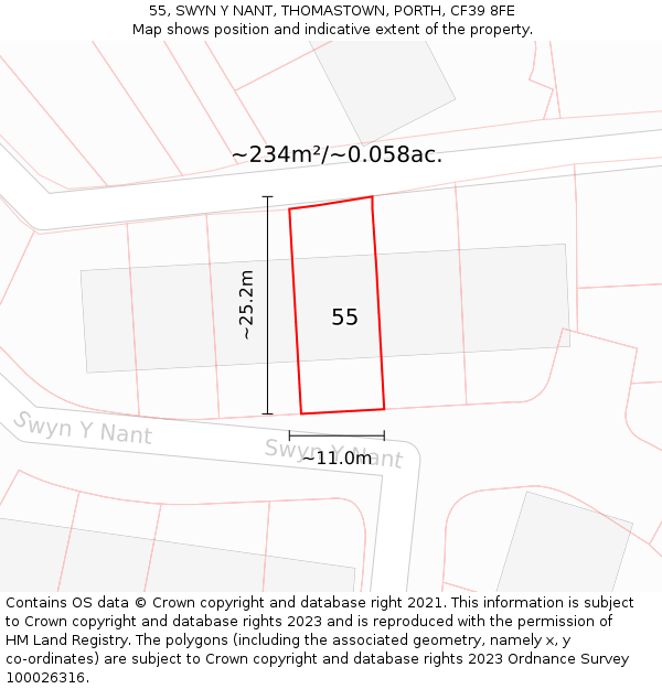 55, SWYN Y NANT, THOMASTOWN, PORTH, CF39 8FE: Plot and title map