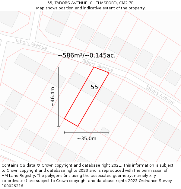 55, TABORS AVENUE, CHELMSFORD, CM2 7EJ: Plot and title map